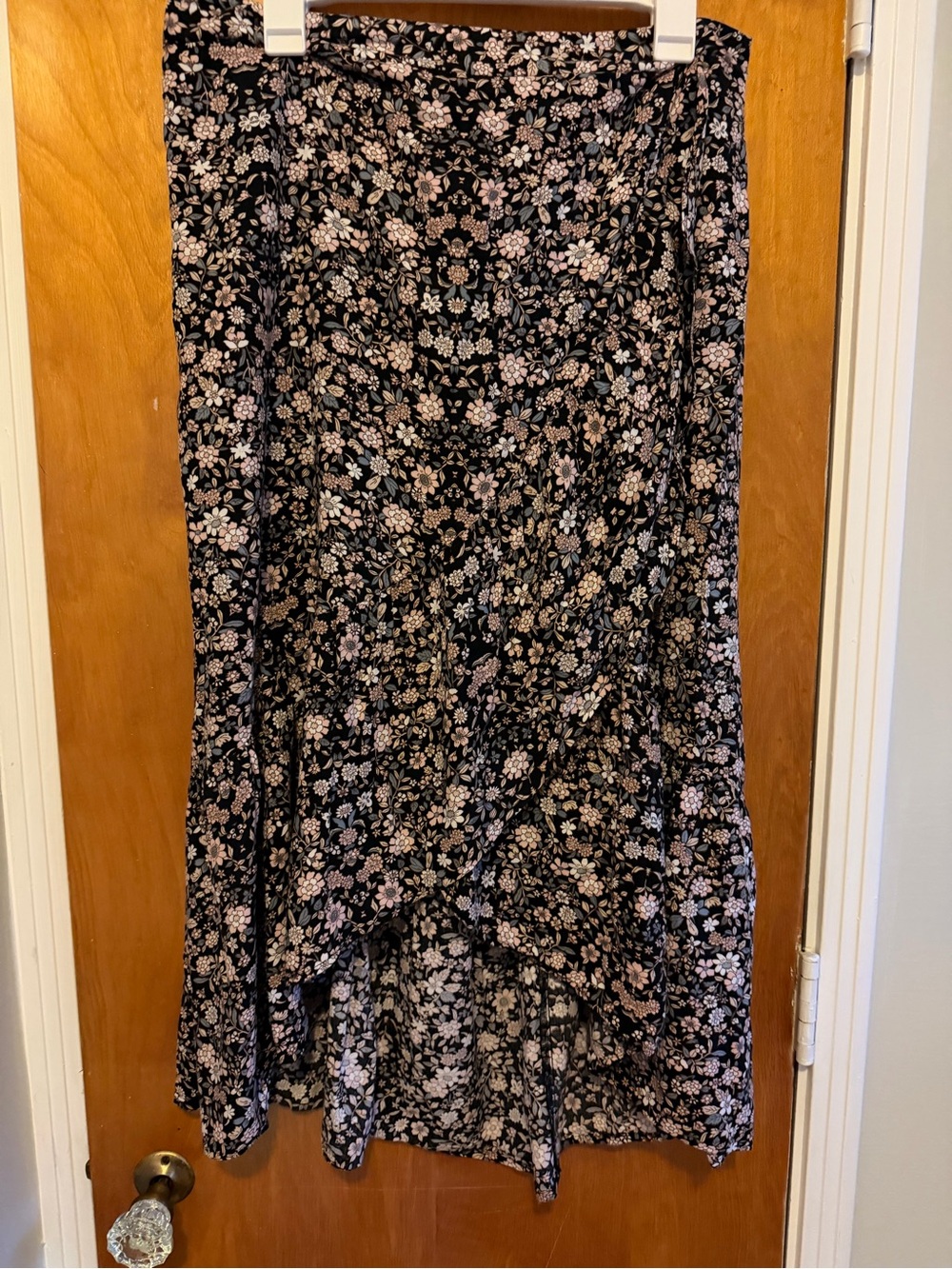 DownEast Black Floral High-Low Wrap Skirt with Pink Blooms
